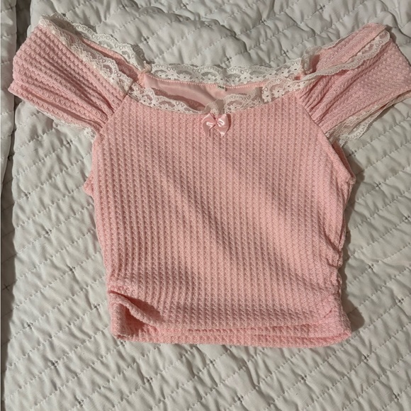SHEIN Pink Off-Shoulder Lace Crop Top - Picture 1 of 3